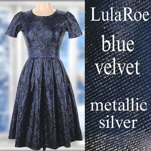 LulaRoe Amelia dress in blue velvet & silver metallic thread NWOT